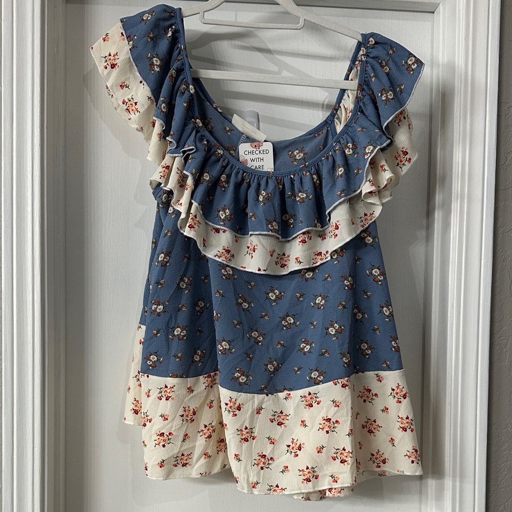 Blue Floral Ruffle Trim Women’s Blouse with Ivory Floral Panels